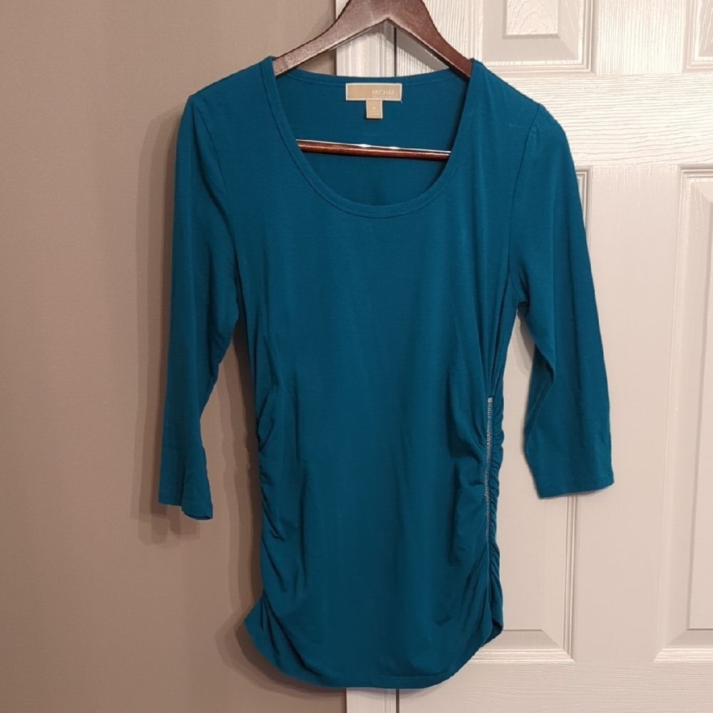 Michael Kors Teal Blouse With Zipper Accent And Ruched Gathered Sides 3/4 Sleeve